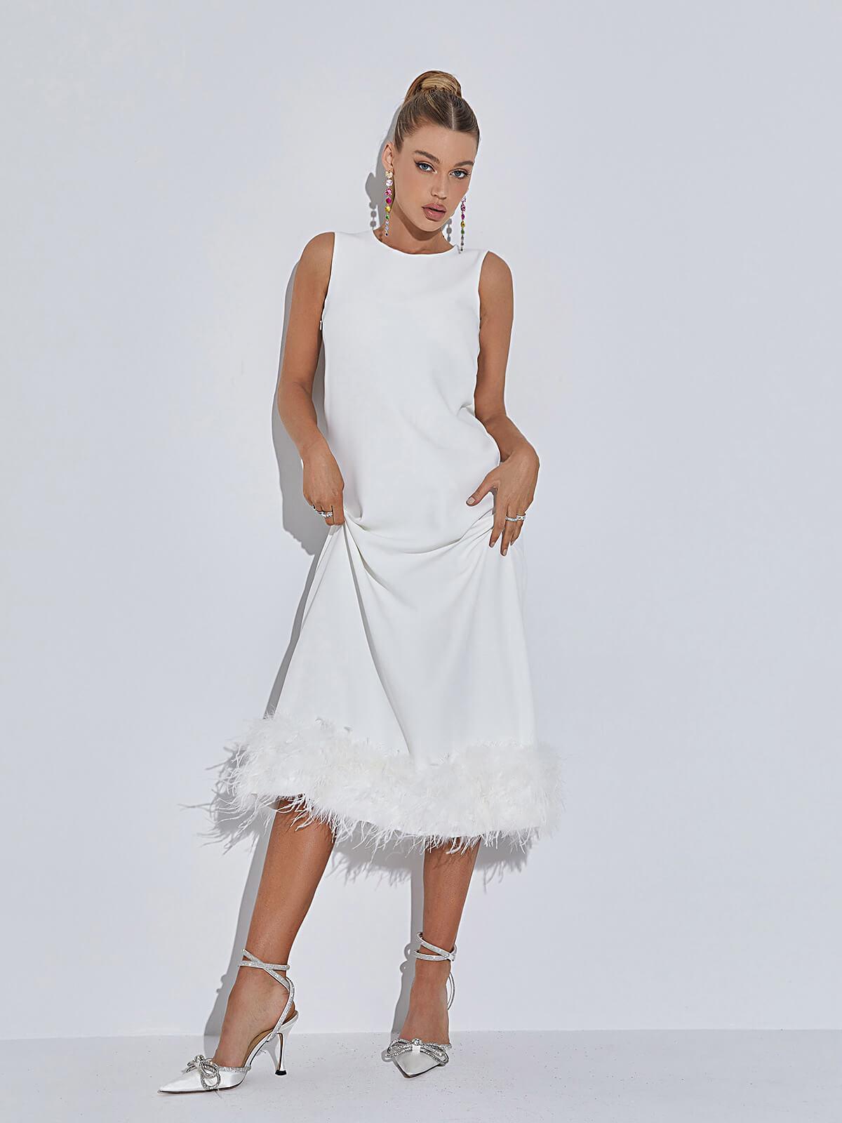 Nisha Feather Midi Dress In White-Mix MIx Style