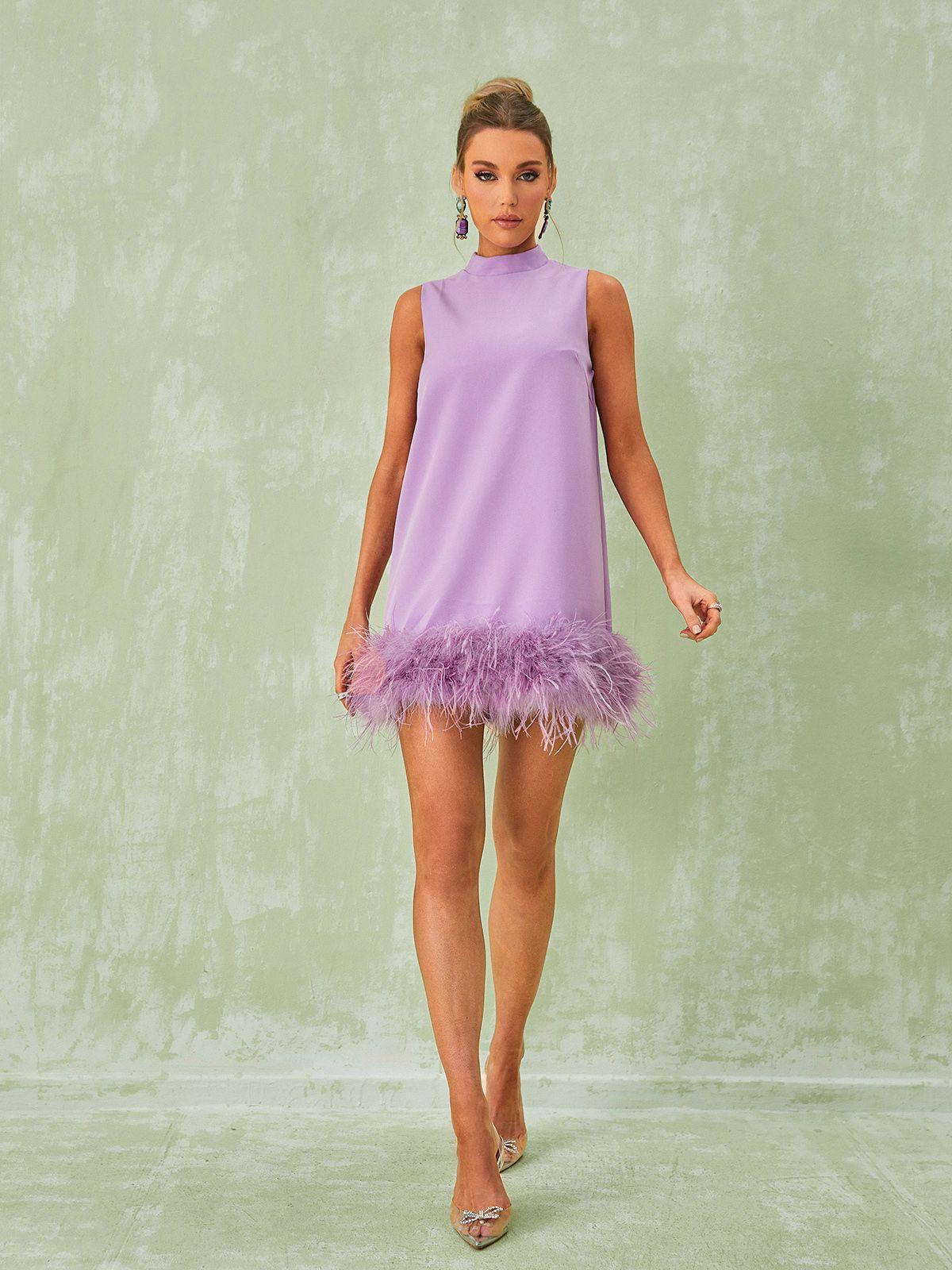 Nisha Feather Mini Dress In Lilac-Mix MIx Style