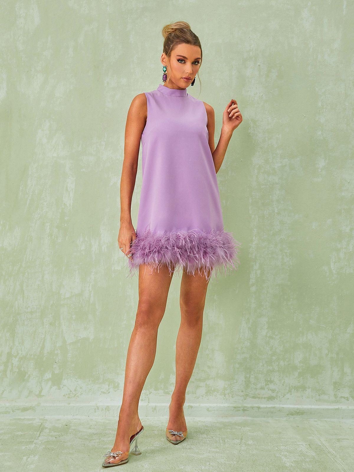 Nisha Feather Mini Dress In Lilac-Mix MIx Style