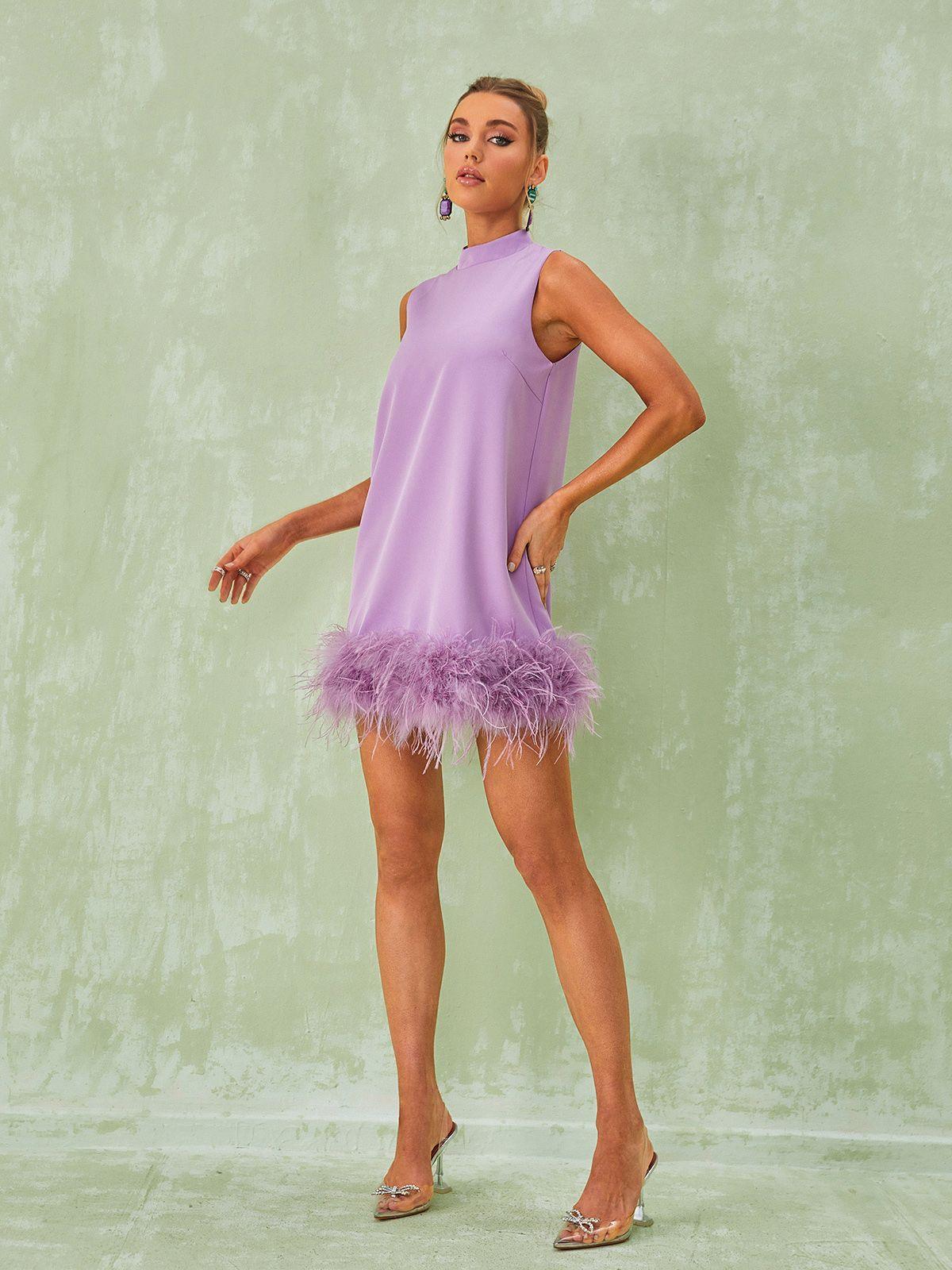 Nisha Feather Mini Dress In Lilac-Mix MIx Style