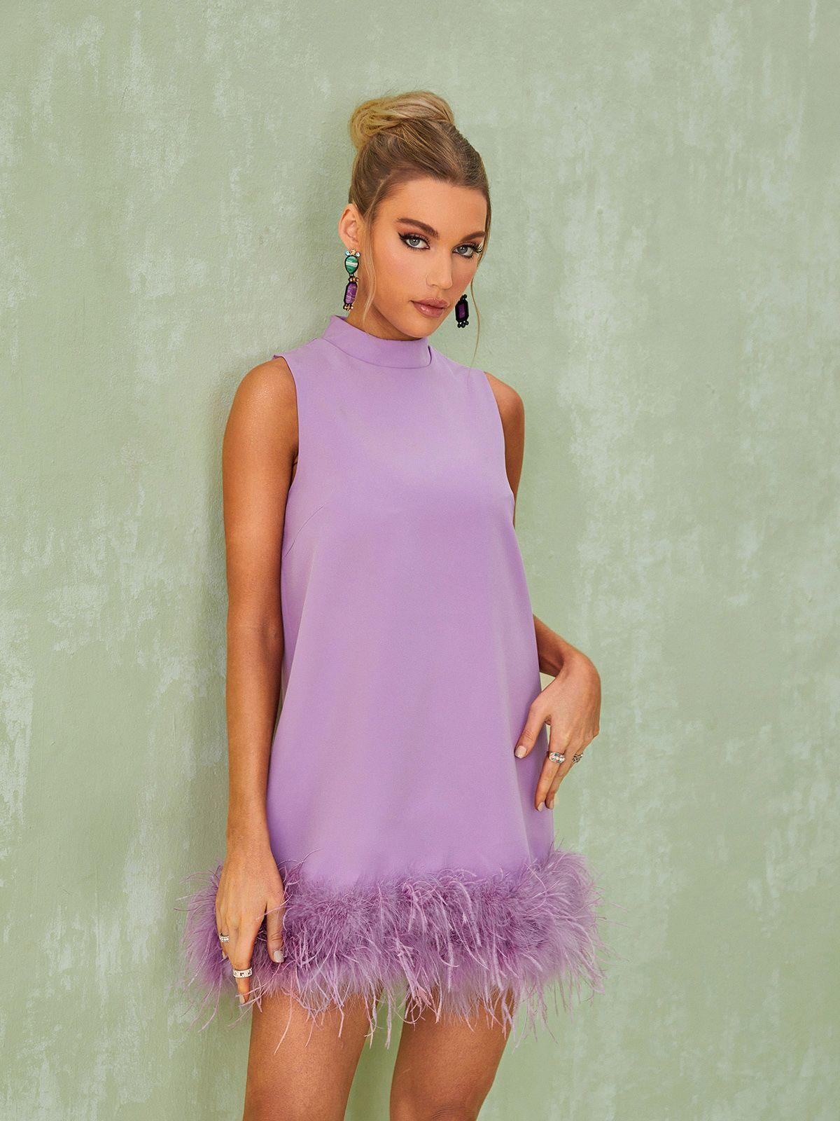 Nisha Feather Mini Dress In Lilac-Mix MIx Style