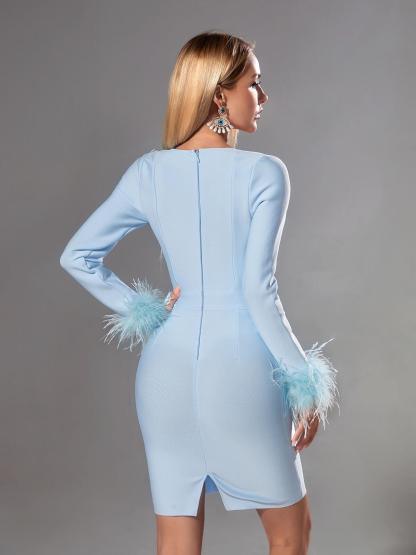 Nixie Long Sleeve Feather Bandage Dress In Blue-Mix MIx Style