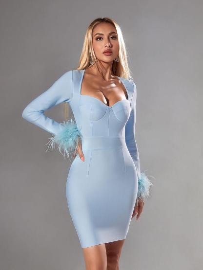 Nixie Long Sleeve Feather Bandage Dress In Blue-Mix MIx Style