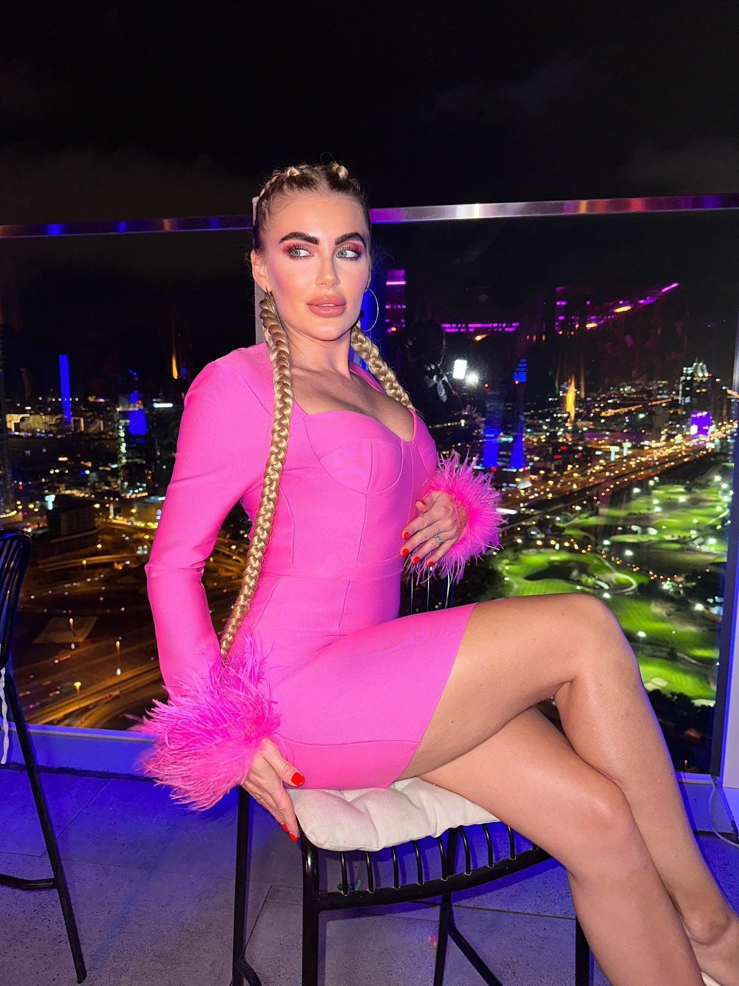 Nixie Long Sleeve Feather Bandage Dress In Hot Pink-Mix MIx Style