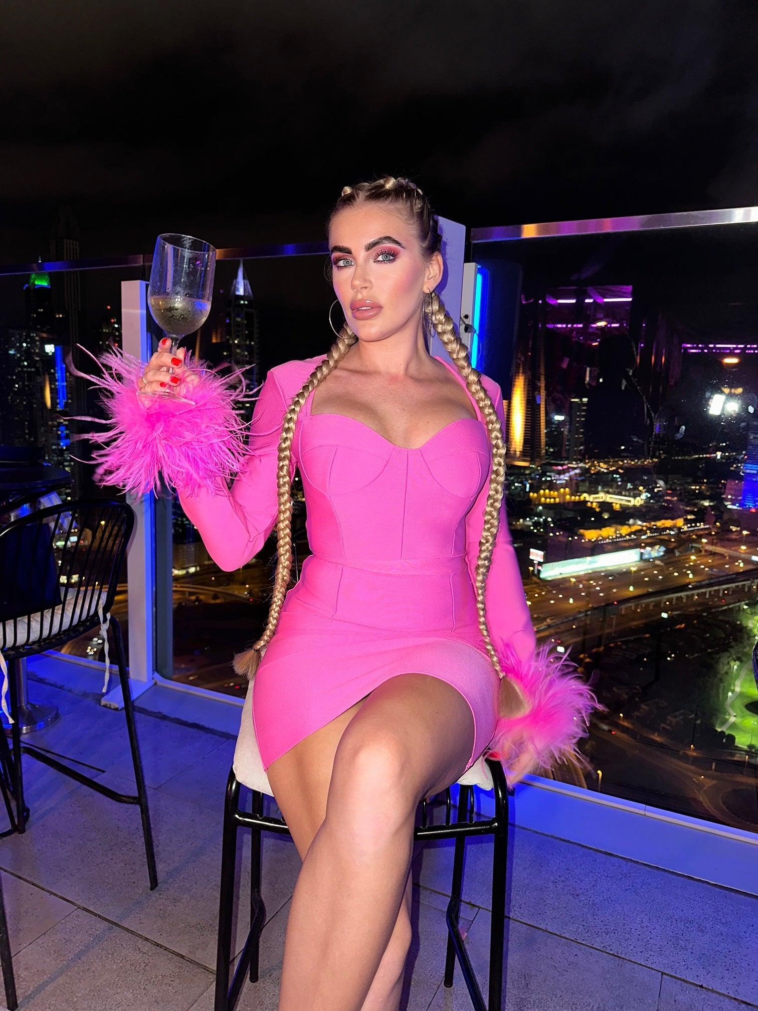 Nixie Long Sleeve Feather Bandage Dress In Hot Pink-Mix MIx Style