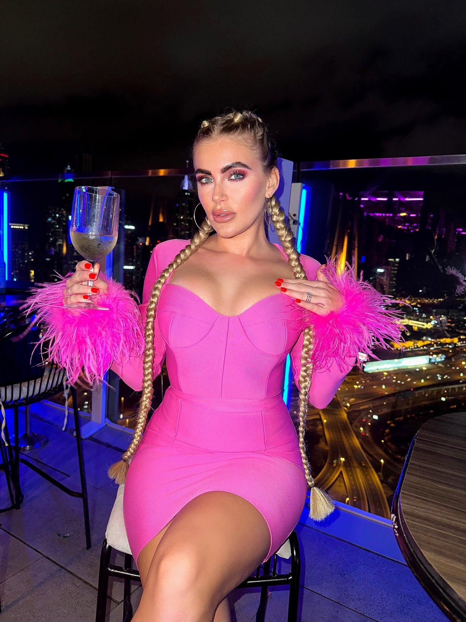 Nixie Long Sleeve Feather Bandage Dress In Hot Pink-Mix MIx Style