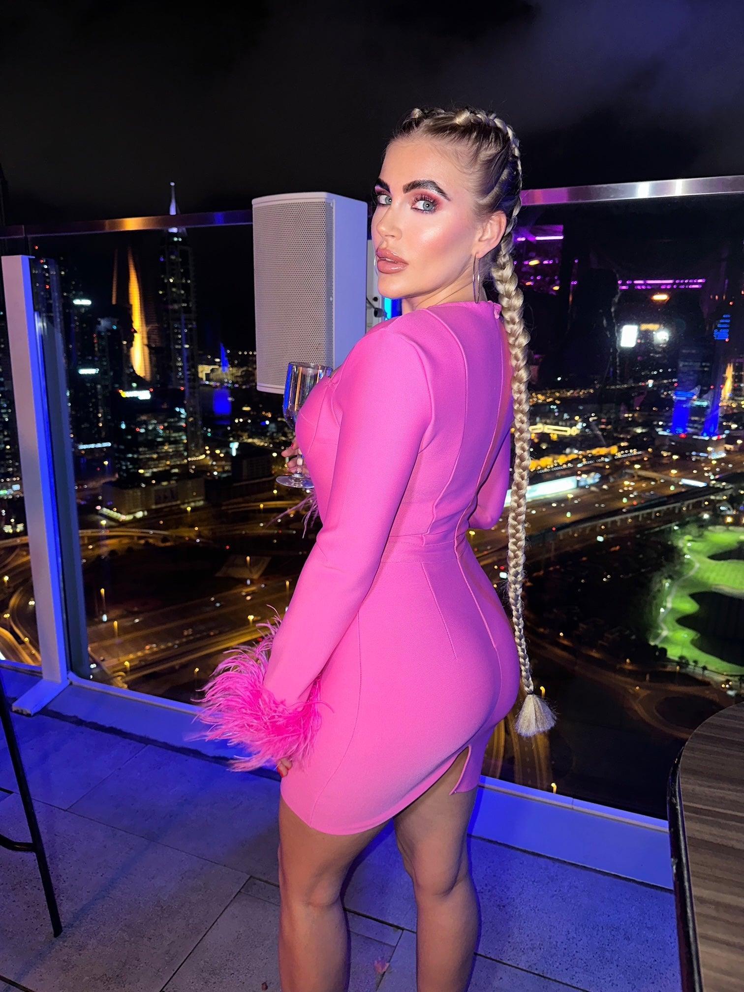 Nixie Long Sleeve Feather Bandage Dress In Hot Pink-Mix MIx Style