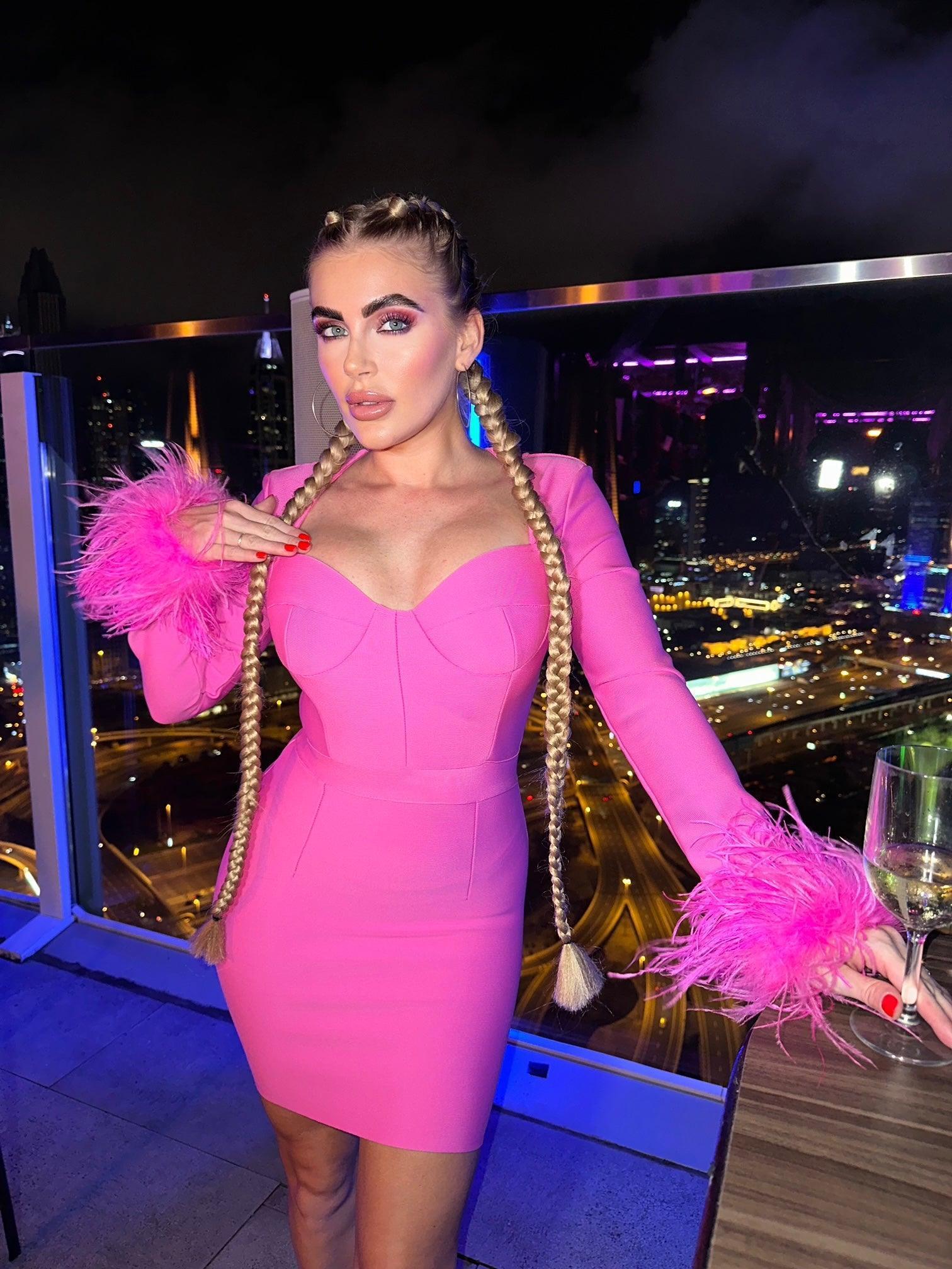 Nixie Long Sleeve Feather Bandage Dress In Hot Pink-Mix MIx Style