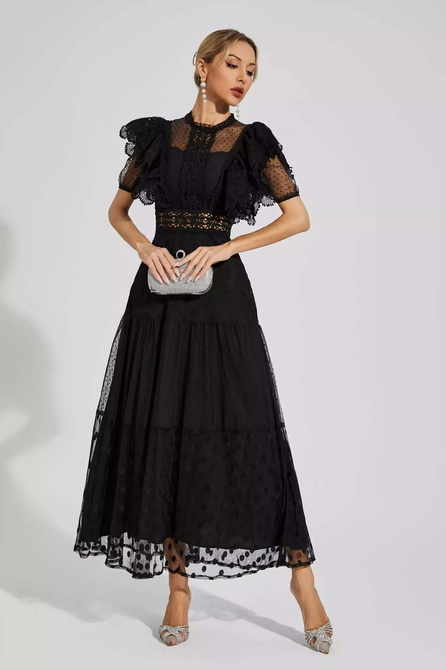 Black Round collar Short sleeves Embroidery Polka Dot Summer Maxi Dress | Mix Mix Style