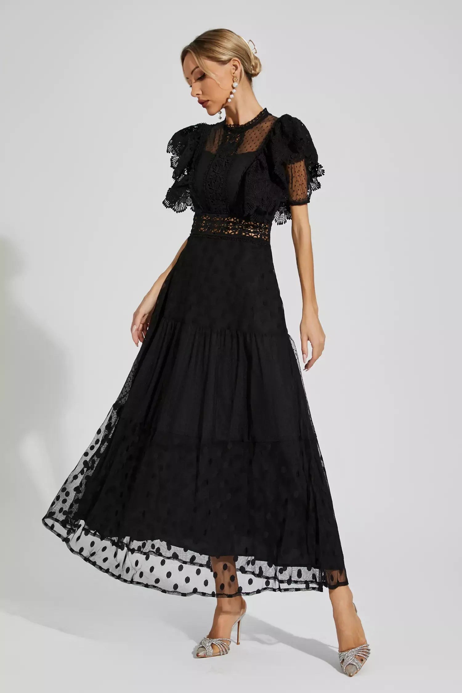 Black Round collar Short sleeves Embroidery Polka Dot Summer Maxi Dress | Mix Mix Style