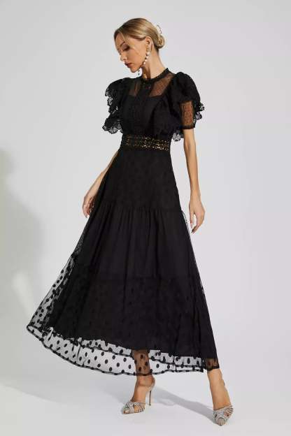 Black Round collar Short sleeves Embroidery Polka Dot Summer Maxi Dress | Mix Mix Style