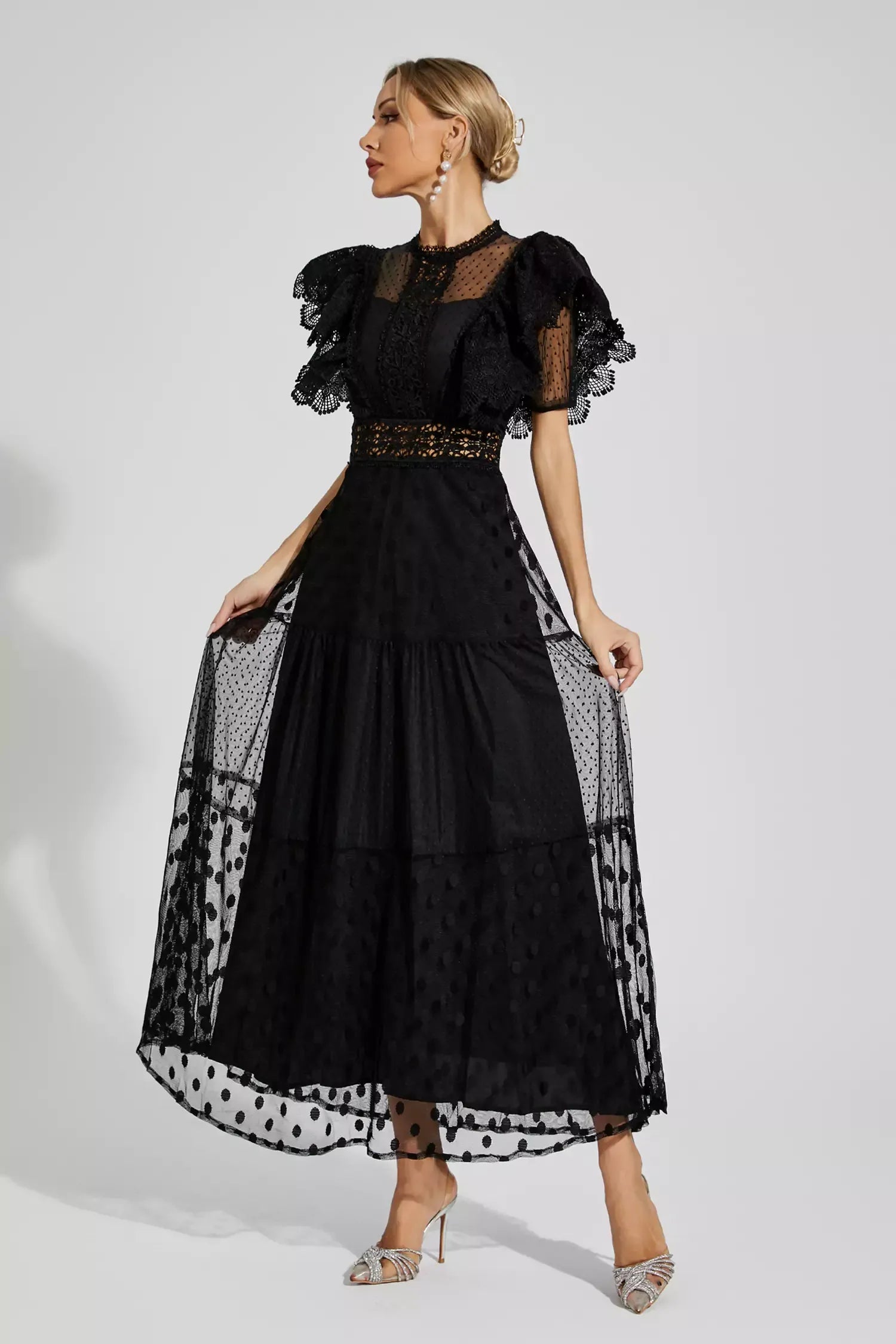 Black Round collar Short sleeves Embroidery Polka Dot Summer Maxi Dress | Mix Mix Style