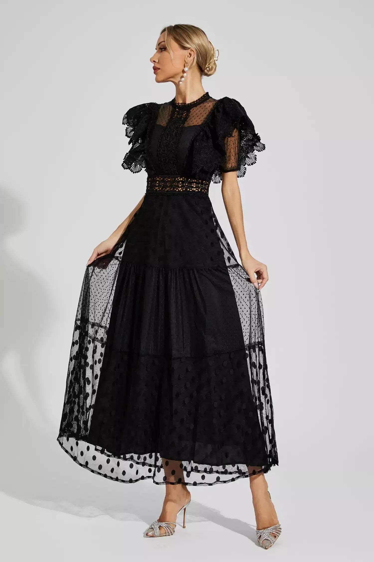 Black Round collar Short sleeves Embroidery Polka Dot Summer Maxi Dress | Mix Mix Style
