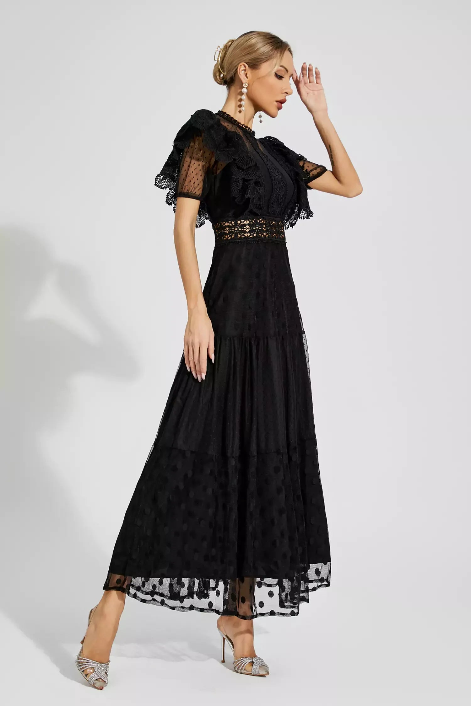 Black Round collar Short sleeves Embroidery Polka Dot Summer Maxi Dress | Mix Mix Style