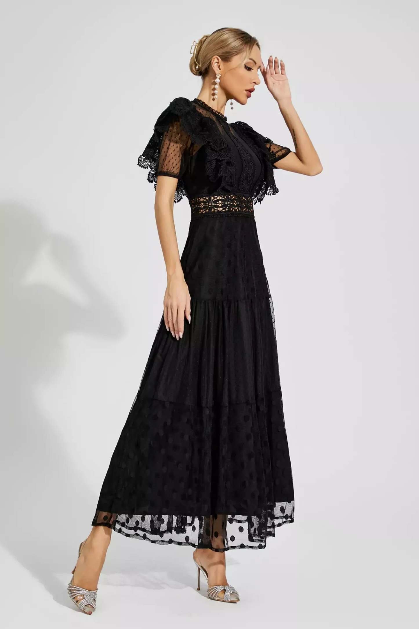 Black Round collar Short sleeves Embroidery Polka Dot Summer Maxi Dress | Mix Mix Style