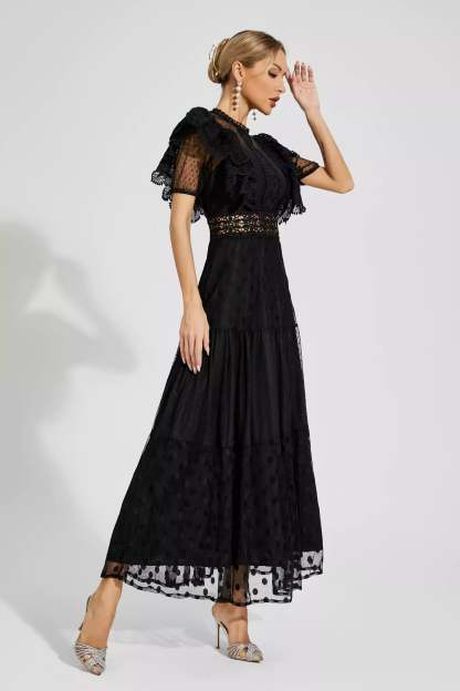 Black Round collar Short sleeves Embroidery Polka Dot Summer Maxi Dress | Mix Mix Style