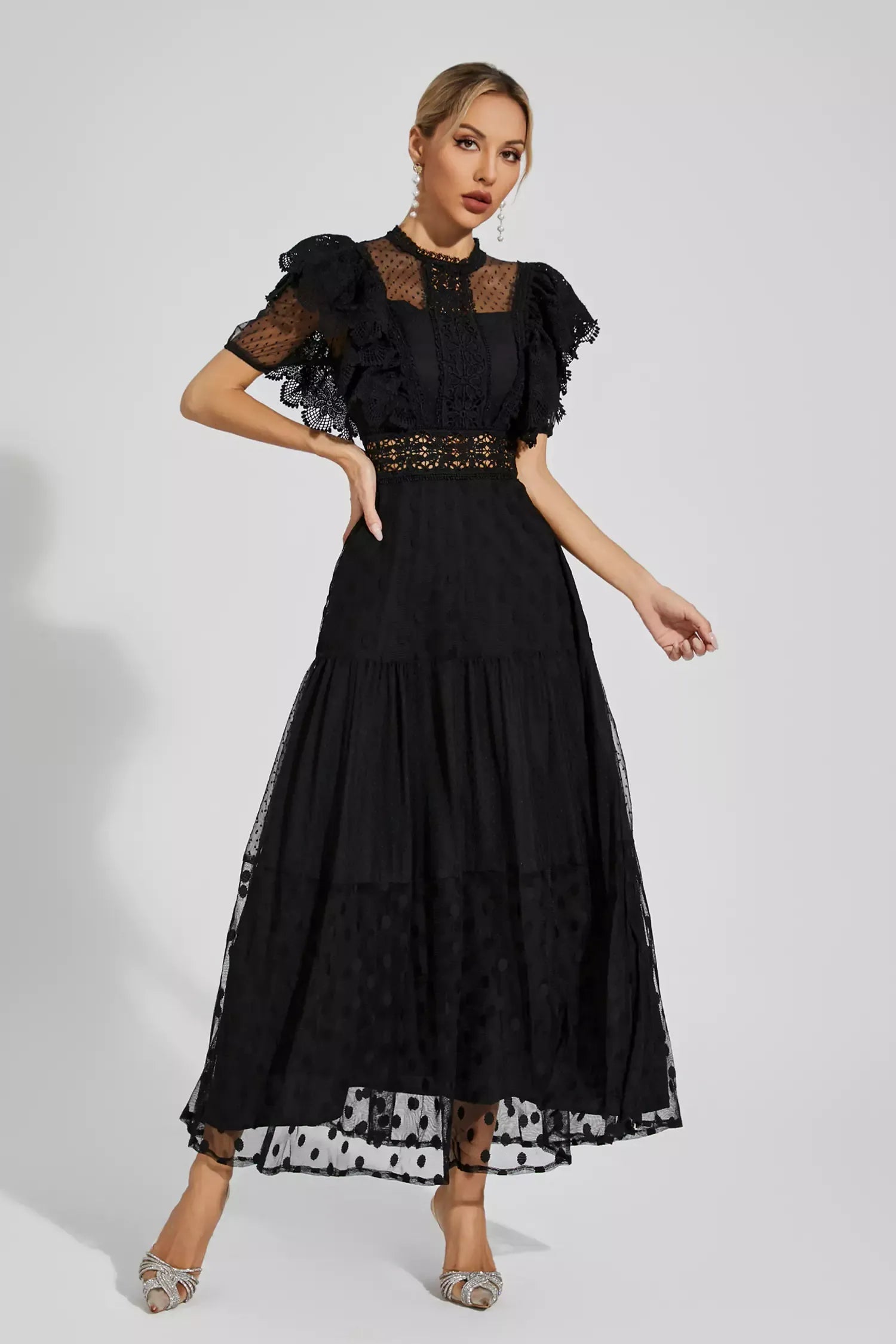 Black Round collar Short sleeves Embroidery Polka Dot Summer Maxi Dress | Mix Mix Style