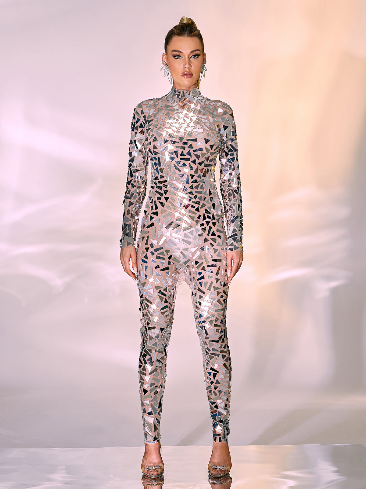 Silver Long Sleeve Embellished Jumpsuit | Mix Mix Style [Hot Seller]-Mix MIx Style