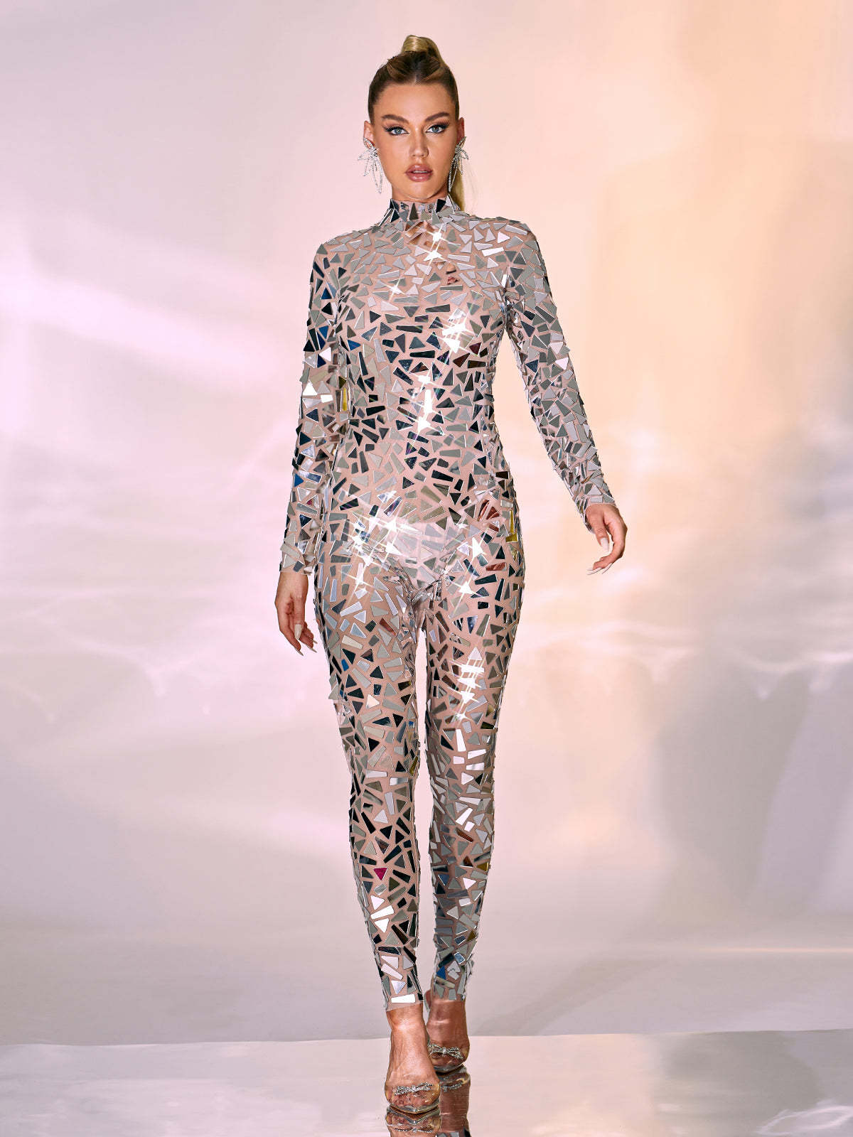 Silver Long Sleeve Embellished Jumpsuit | Mix Mix Style [Hot Seller]-Mix MIx Style