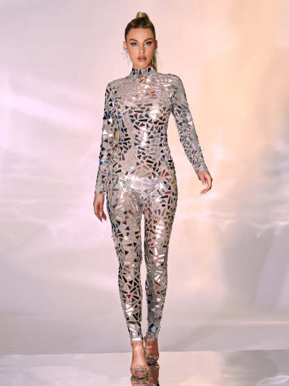 Silver Long Sleeve Embellished Jumpsuit | Mix Mix Style [Hot Seller]-Mix MIx Style