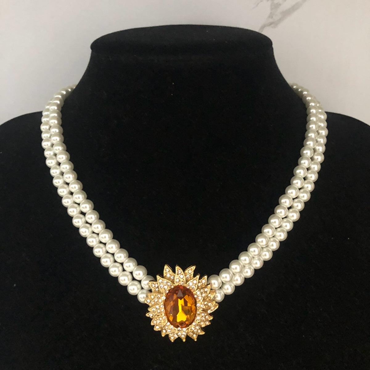 Orange Vintage Retro Pendant Oval Cut Diamond Akoya Pearls Luxury 18k Gold Plated Necklace Earrings Set | Mix Mix Style-Mix MIx Style