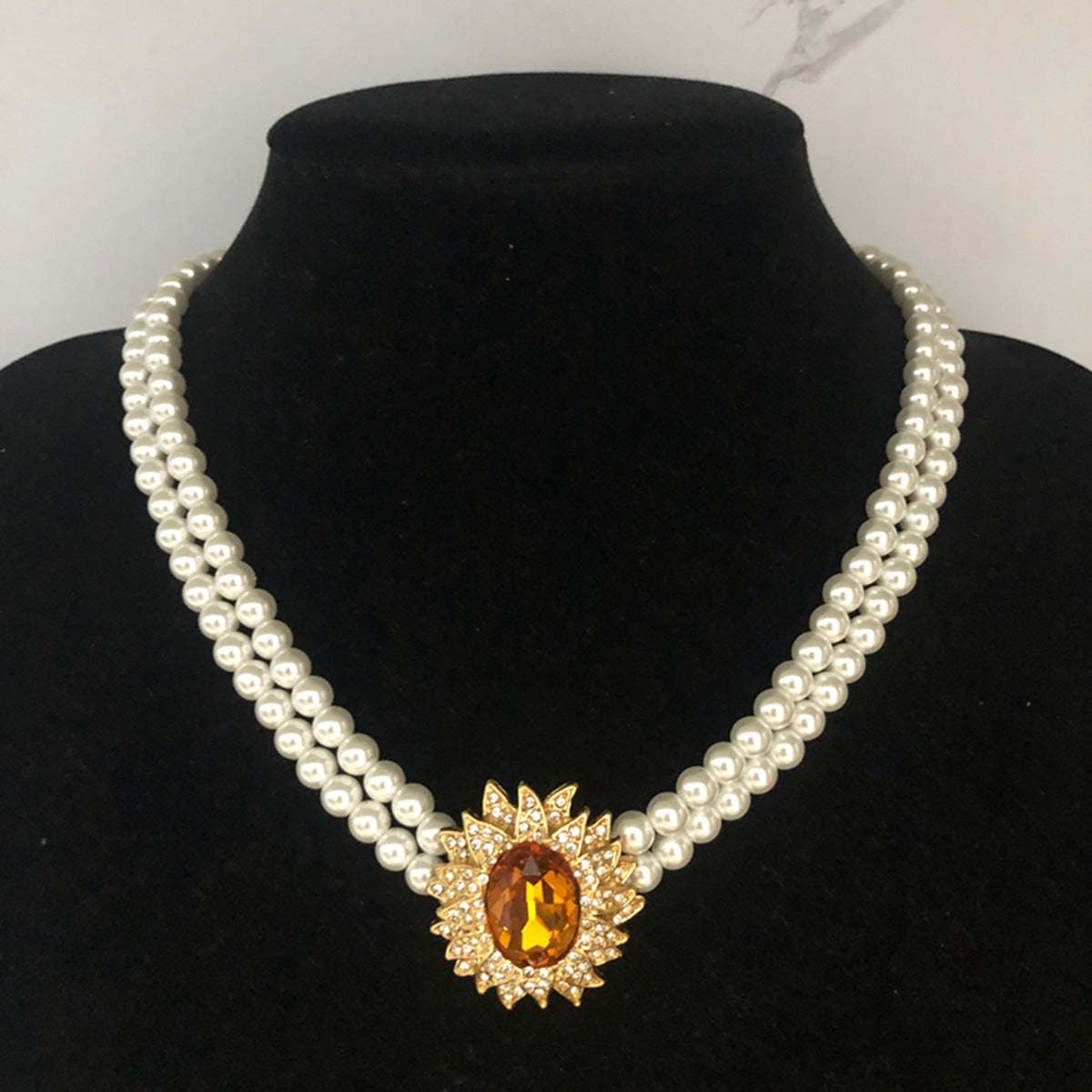 Orange Vintage Retro Pendant Oval Cut Diamond Akoya Pearls Luxury 18k Gold Plated Necklace Earrings Set | Mix Mix Style-Mix MIx Style