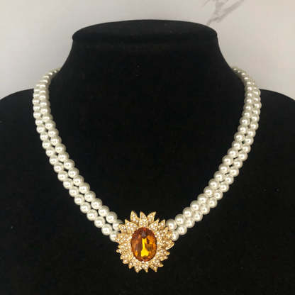 Orange Vintage Retro Pendant Oval Cut Diamond Akoya Pearls Luxury 18k Gold Plated Necklace Earrings Set | Mix Mix Style-Mix MIx Style