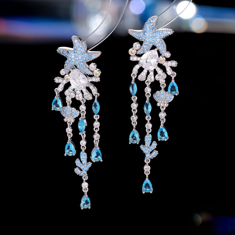 s925 silver needle European and American style light luxury high-end earrings wholesale coral shell starfish water drop long tassel earrings-Mix MIx Style