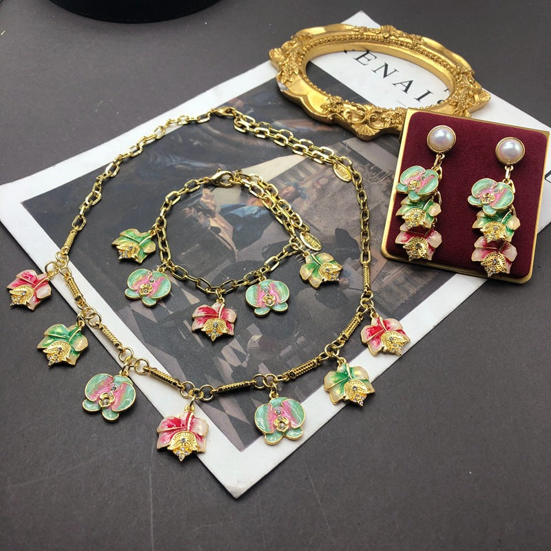 Multicolor Flowers Vintage Pendant Akoya Pearl Luxury 18k Gold Plated Necklace Earring Bracelet Jewelry Set | Mix Mix Style-Mix MIx Style