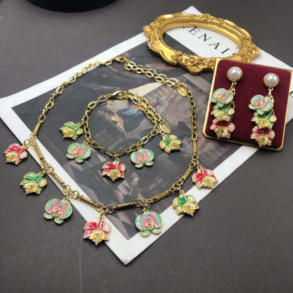Multicolor Flowers Vintage Pendant Akoya Pearl Luxury 18k Gold Plated Necklace Earring Bracelet Jewelry Set | Mix Mix Style-Mix MIx Style