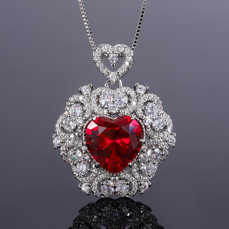 Red/Pink/Yellow Retro Pendant Heart Cut Diamond Luxury 18k White Gold Plated Necklace Earrings Jewelry Set | Mix Mix Style-Mix MIx Style