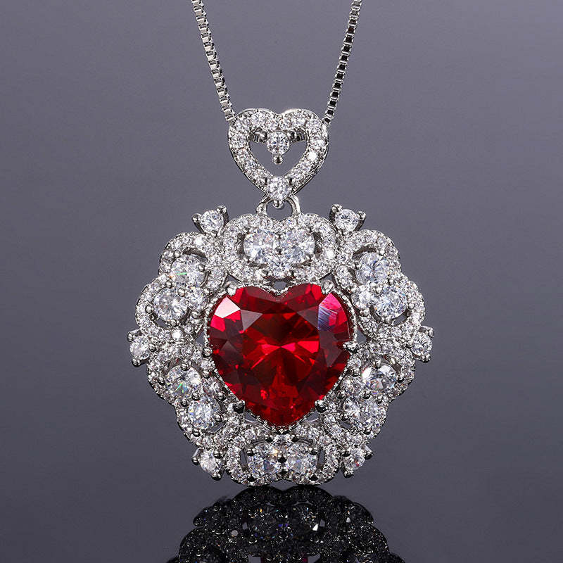 Red/Pink/Yellow Retro Pendant Heart Cut Diamond Luxury 18k White Gold Plated Necklace Earrings Jewelry Set | Mix Mix Style-Mix MIx Style
