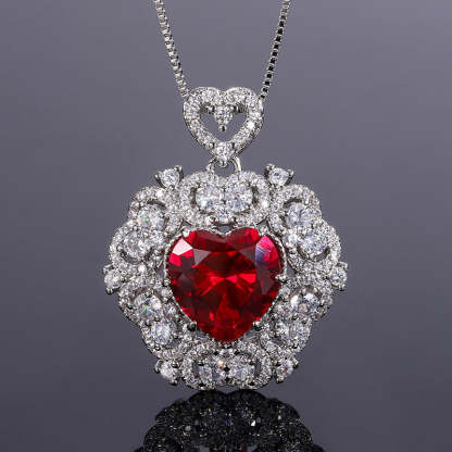 Red/Pink/Yellow Retro Pendant Heart Cut Diamond Luxury 18k White Gold Plated Necklace Earrings Jewelry Set | Mix Mix Style-Mix MIx Style