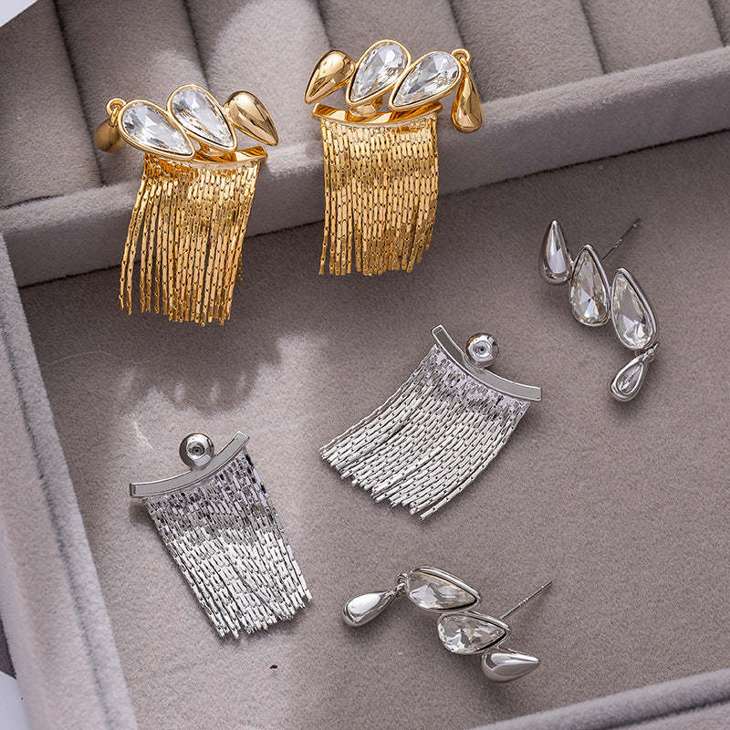 Tassel earrings for women light luxury cold style high-end water drop earrings detachable fashionable temperament 925 silver needle earrings-Mix MIx Style