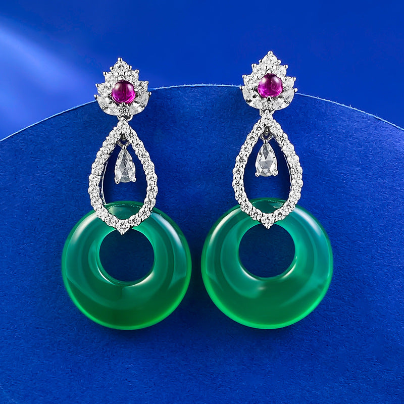 Circle Green & Pink Trendy Moissanite Diamonds Luxury 18k White Gold Plated Drop Earrings | Mix Mix Style-Mix MIx Style