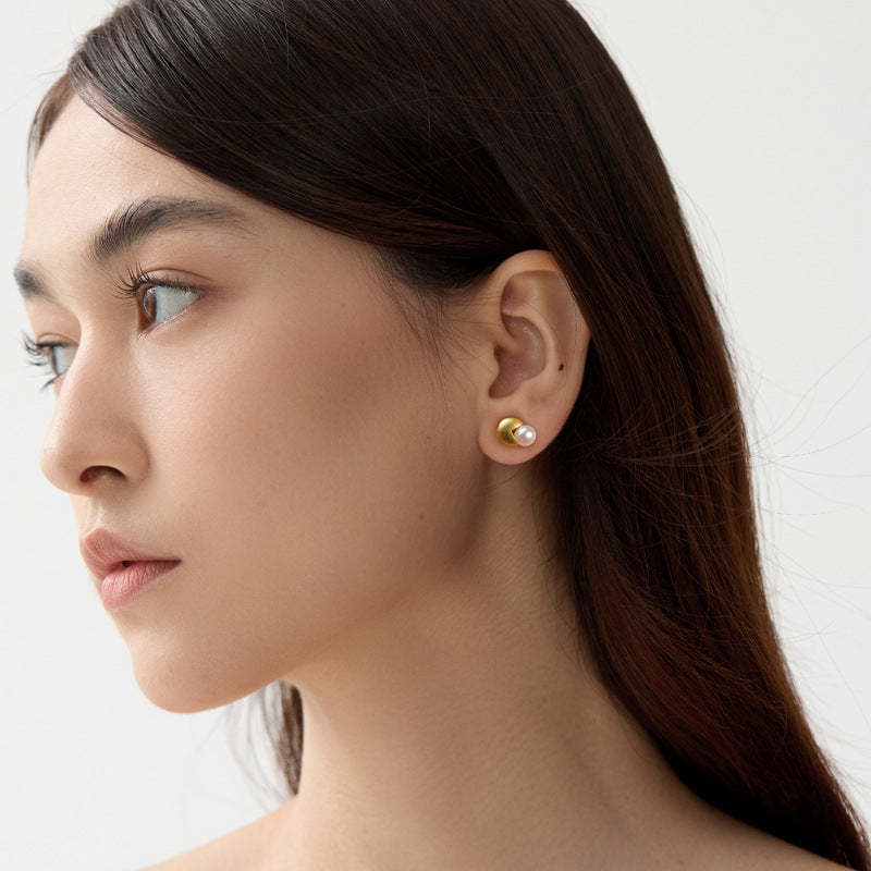 Two-color Circle White Akoya Pearl Elegant 18k White/Vermeil Gold Plated Stud Earrings | Mix Mix Style-Mix MIx Style