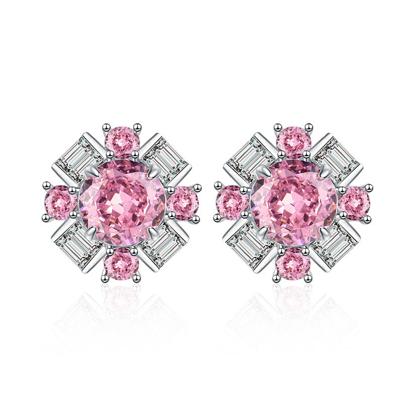 Fashionable and luxurious 925 sterling silver high carbon diamond padparadscha pink women's earrings ice flower cut princess style silver jewelry-Mix MIx Style
