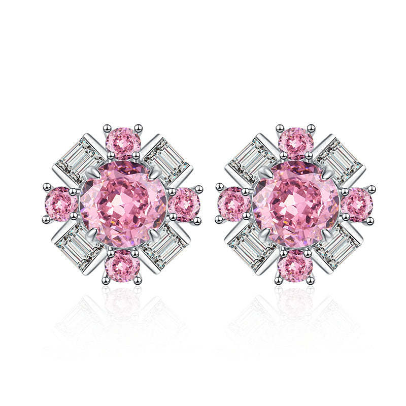 Fashionable and luxurious 925 sterling silver high carbon diamond padparadscha pink women's earrings ice flower cut princess style silver jewelry-Mix MIx Style