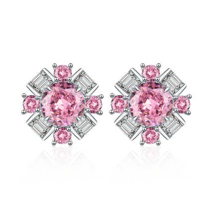 Fashionable and luxurious 925 sterling silver high carbon diamond padparadscha pink women's earrings ice flower cut princess style silver jewelry-Mix MIx Style