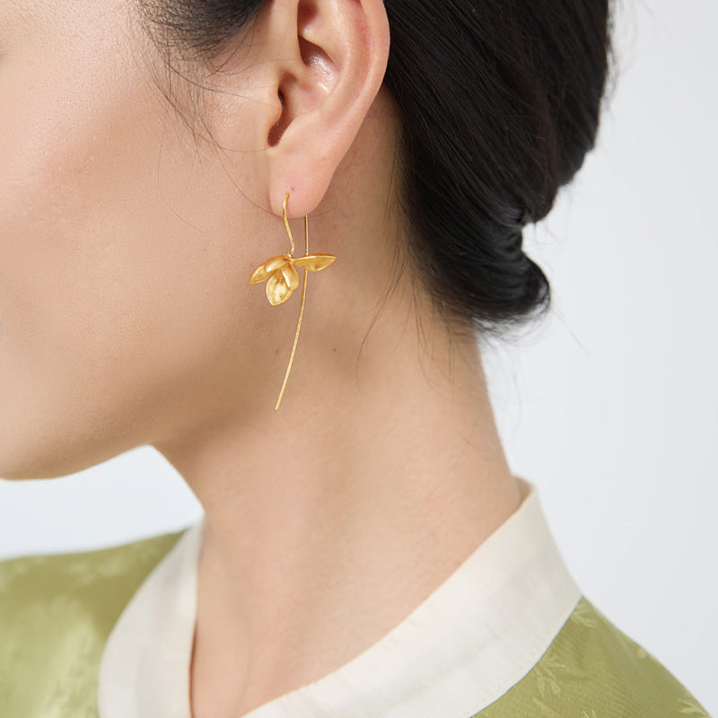 Search for original Xinyiwu sterling silver literary style new Chinese style three-dimensional magnolia flower Jiangnan temperament long earrings-Mix MIx Style