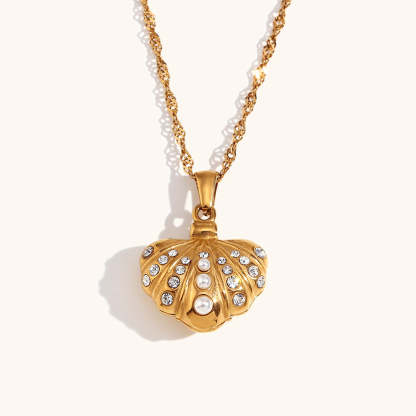Seashell White Diamonate Vintage Classic Pendant Luxury 18k Gold Plated Necklace & Ring Jewelry Set | Mix Mix Style-Mix MIx Style