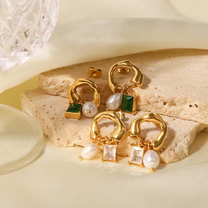 White Akoya Pear & Radiant Cut Moissanite Diamonds Elegant 18k Vermeil Gold Plated Retro Hoop Earrings | Mix Mix Style-Mix MIx Style