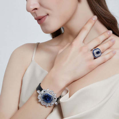 Vintage Royal Blue Emerald Cut Moissanite Diamond 4ct 18k White Gold Engagement Ring | Mix Mix Style-Mix MIx Style