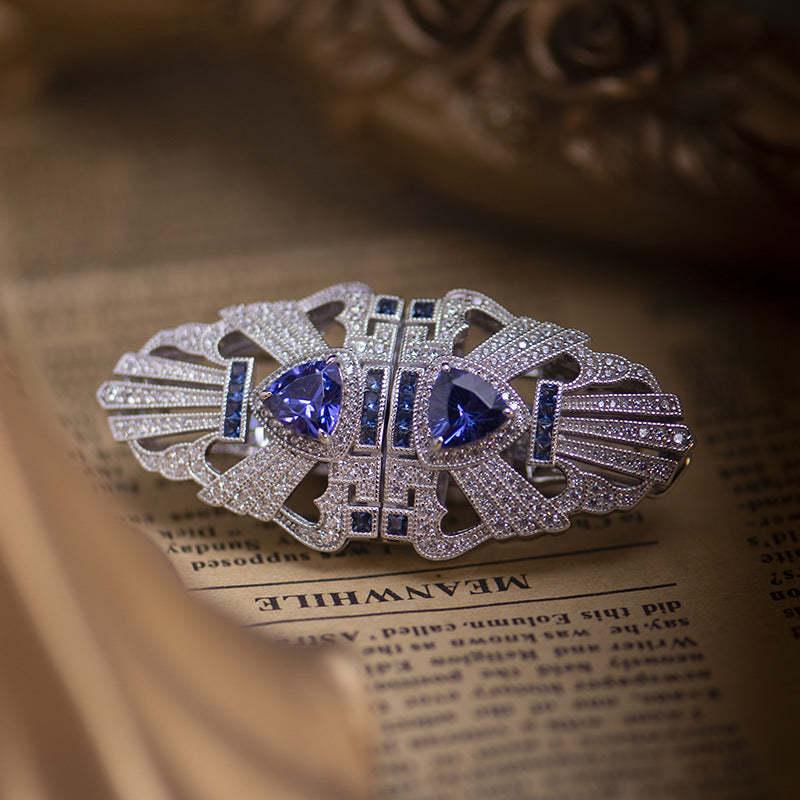 New Tanzanite blue retro silk scarf buckle S925 sterling silver gold-plated detachable double clip brooch wholesale-Mix MIx Style