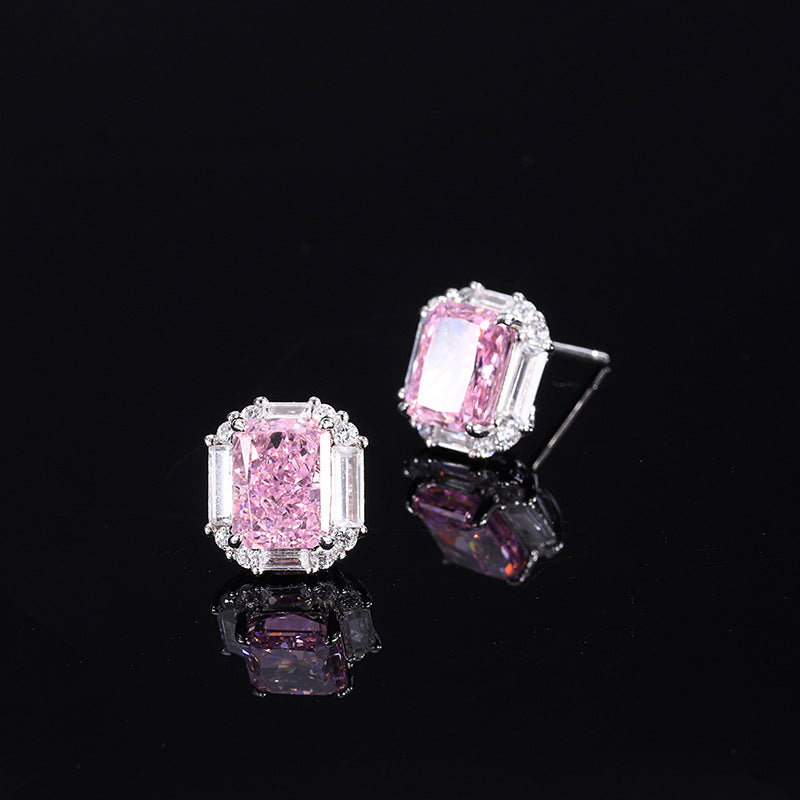European and American retro fashion daily style high carbon diamond pink diamond pendant ring 8*10 earrings 6*8 set S925 silver-Mix MIx Style