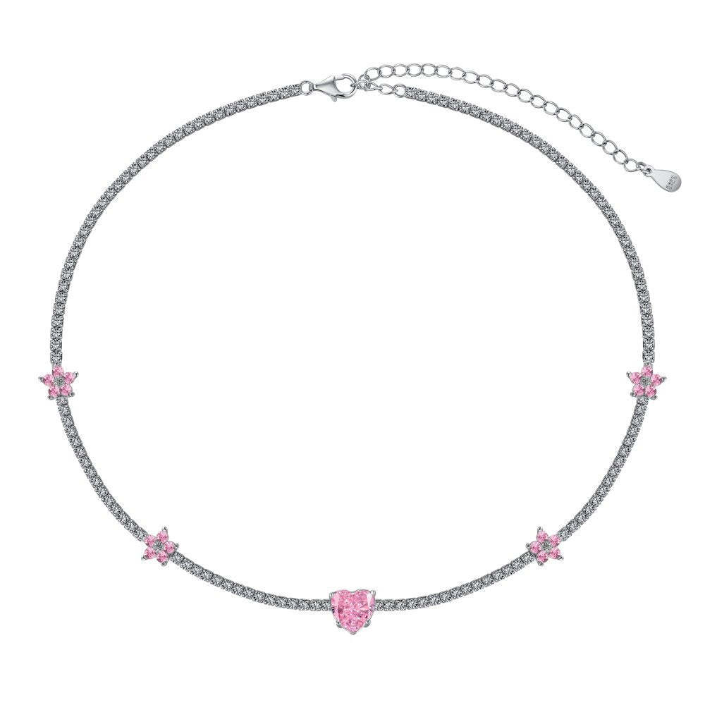 S925 sterling silver tennis necklace for women pink crushed ice flower heart-shaped high carbon diamond zircon tennis chain high-end clavicle chain-Mix MIx Style