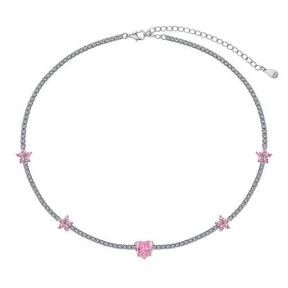 S925 sterling silver tennis necklace for women pink crushed ice flower heart-shaped high carbon diamond zircon tennis chain high-end clavicle chain-Mix MIx Style