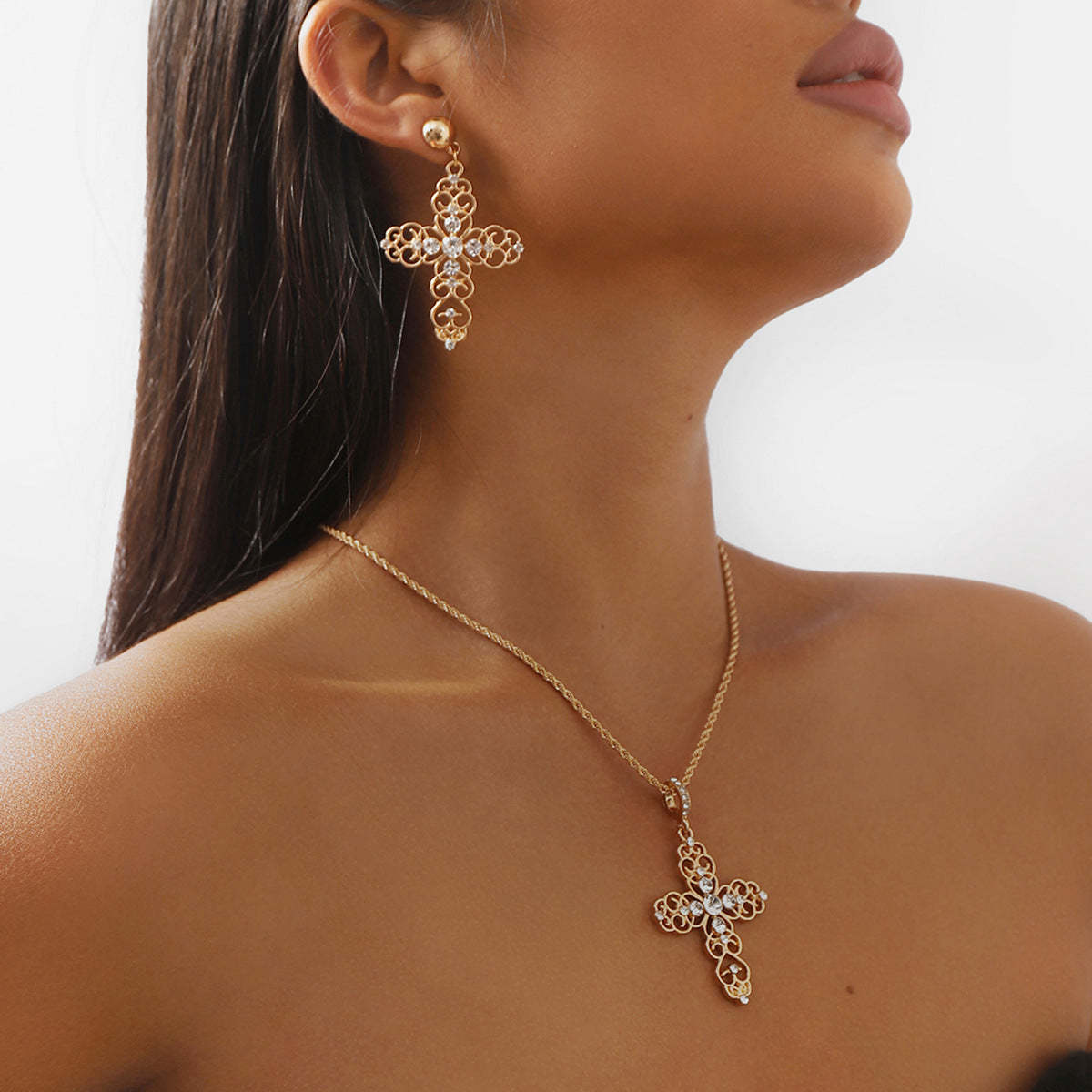 Cross Retro Classic Pendant White Diamonds Luxury 18k Gold Plated Necklace Earrings Jewelry Set | Mix Mix Style-Mix MIx Style