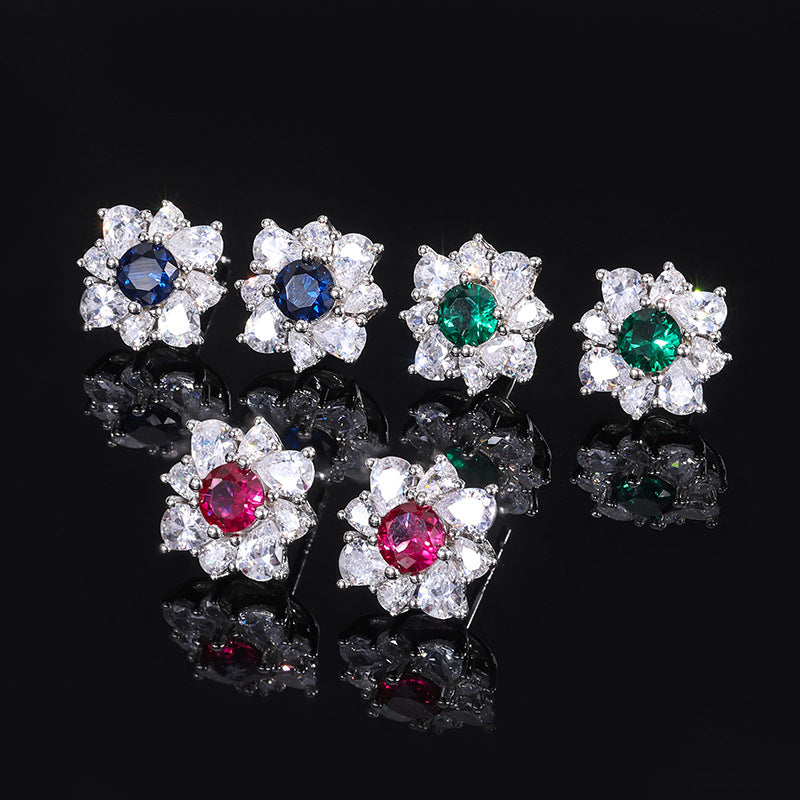 Green - Pink - Blue Flower Dazzling Round Moissanite Diamonds 1ct Elegant 18k White Gold Plated Stud Earrings | Mix Mix Style-Mix MIx Style