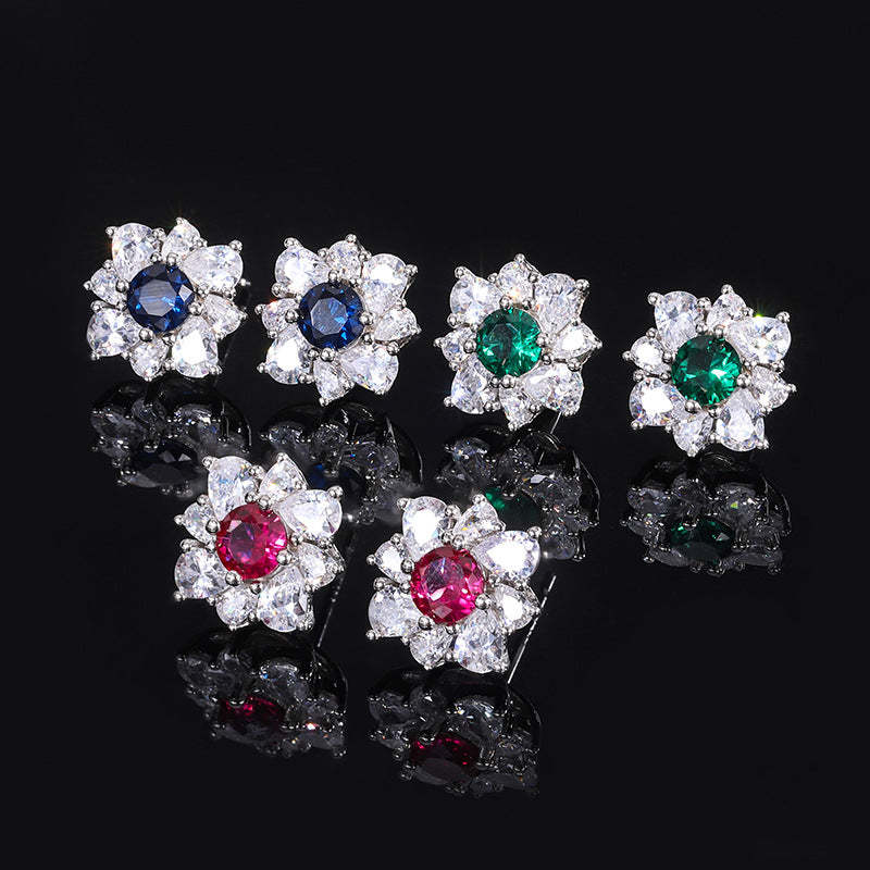 Green - Pink - Blue Flower Dazzling Round Moissanite Diamonds 1ct Elegant 18k White Gold Plated Stud Earrings | Mix Mix Style-Mix MIx Style